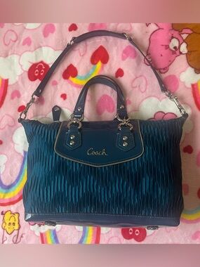 Coach Ashley Blue Gathered Satin Shoulder Bag